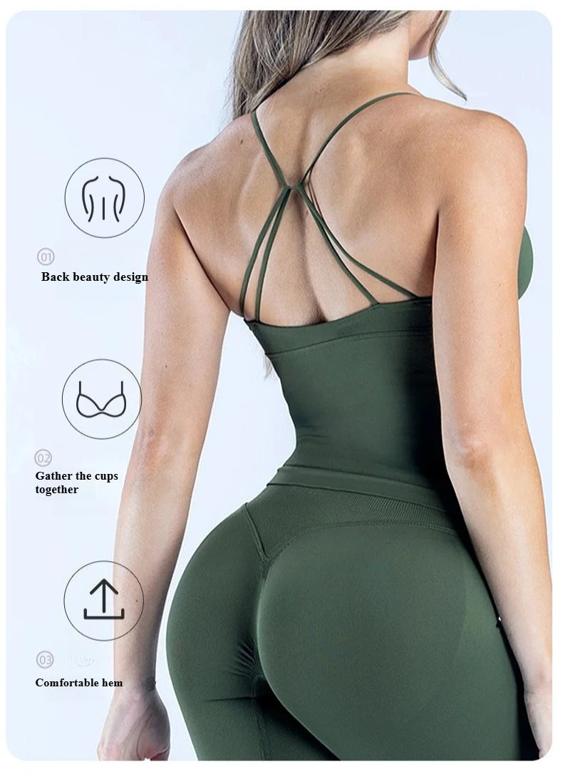 Women Seamless Cross Sports Vest Gym Yoga Tops with Padded  Sexy Backless Workout Fitness Camisole Running Sports Tops Summer