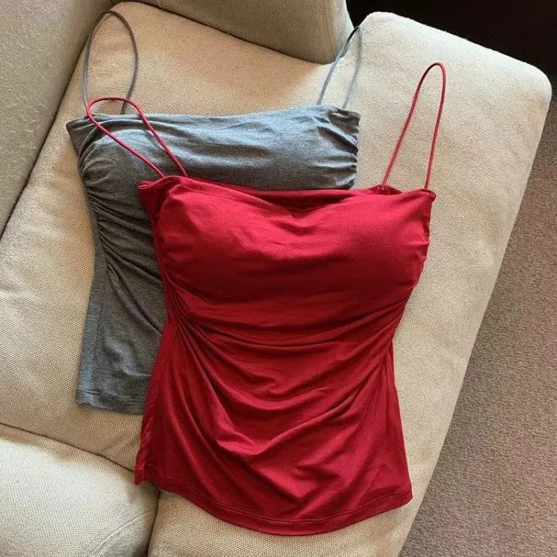 Women's Sleeveless Top Tank Underwear Fitted Camisole Sexy Short Top With Thin Straps Plain White Tank Top Korean Style